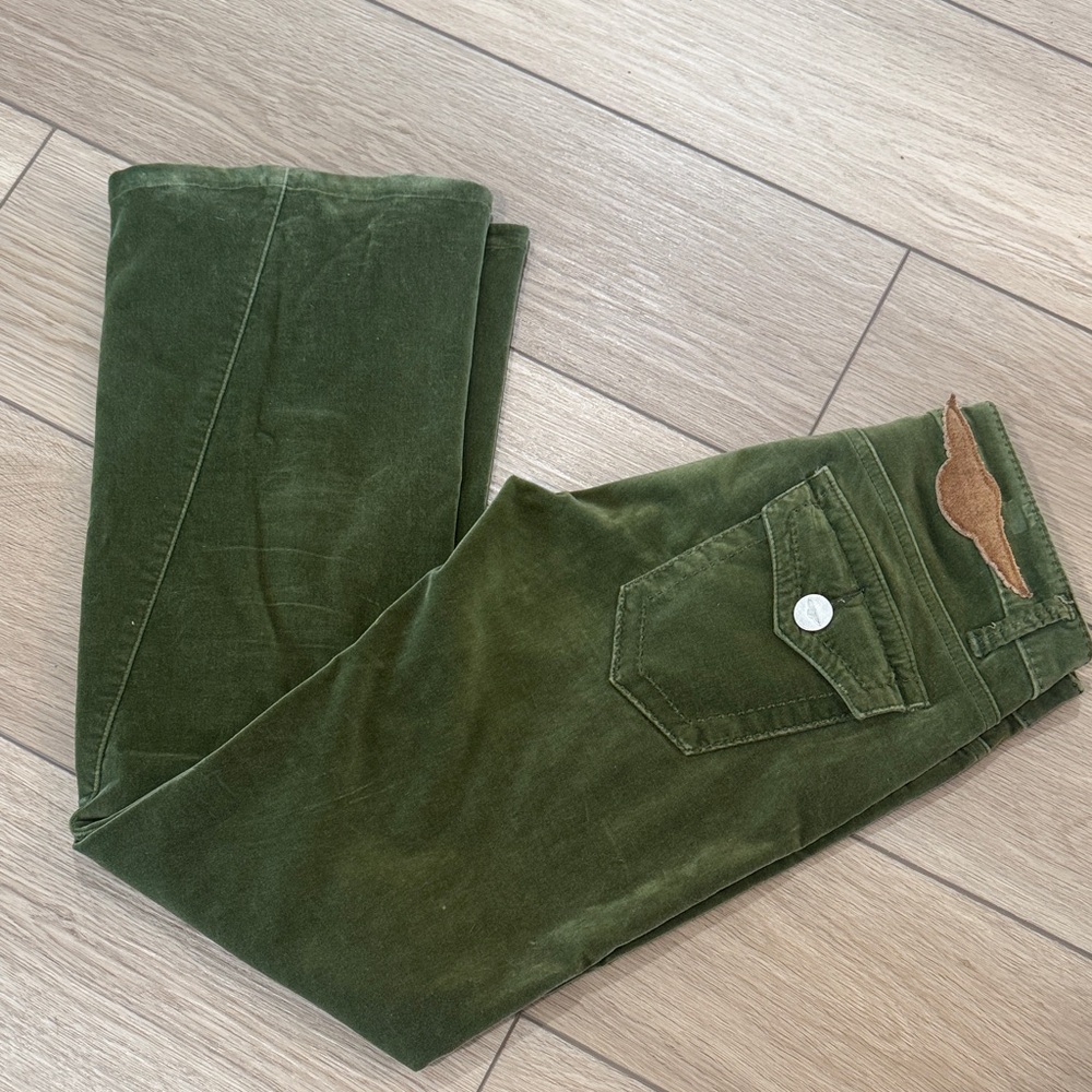 Y2K BCBG Maxazria Green Velvet Sophie Twisted Flare Jeans Size 27 Retro